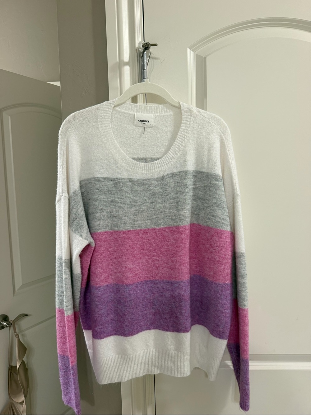Andree White Gray Pink Purple Striped Crew Neck Sweater